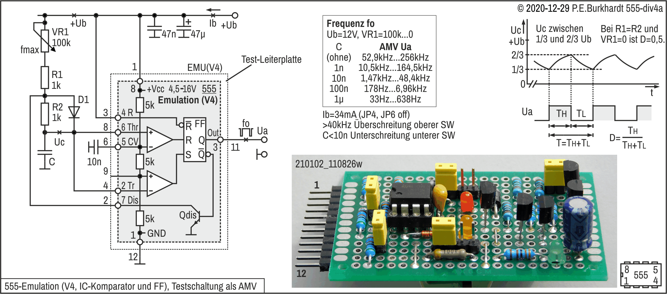 555-Emulation mit IC-Komparator und Transistor-FF (AMV-Testschaltung)