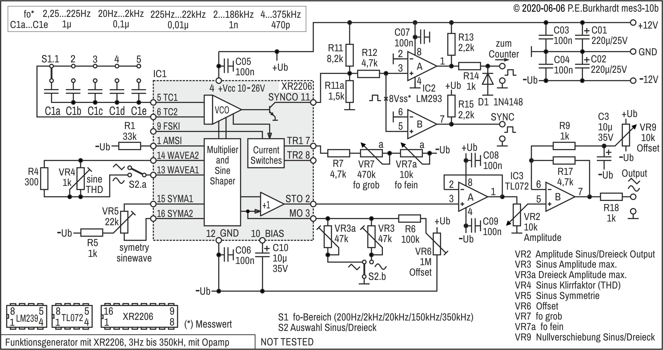 Funktionsgenerator XR2206, 3 Hz bis 350 kHz, Opamp-Ausgang