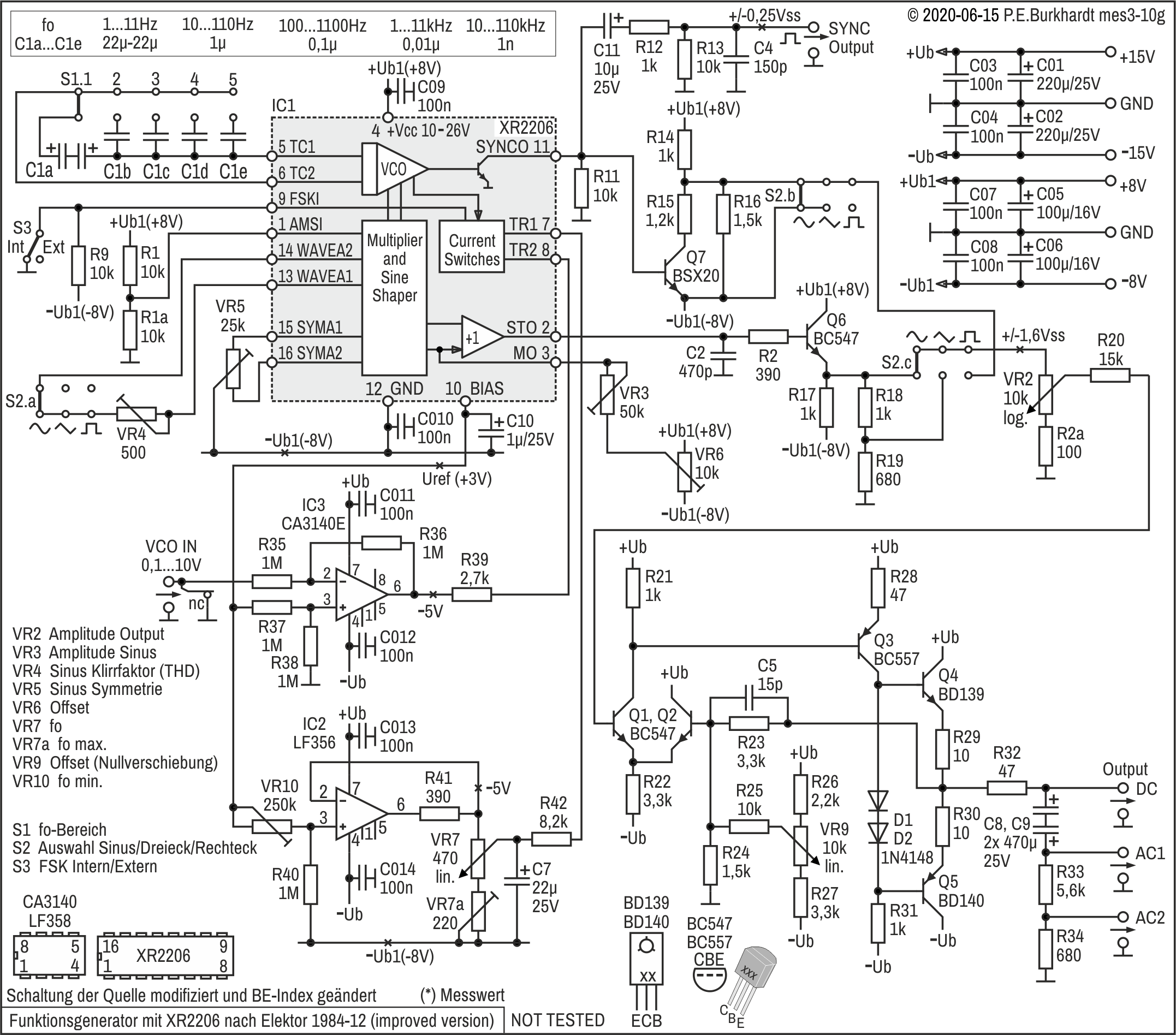 Funktionsgenerator XR2206 nach Elektor 1984-12