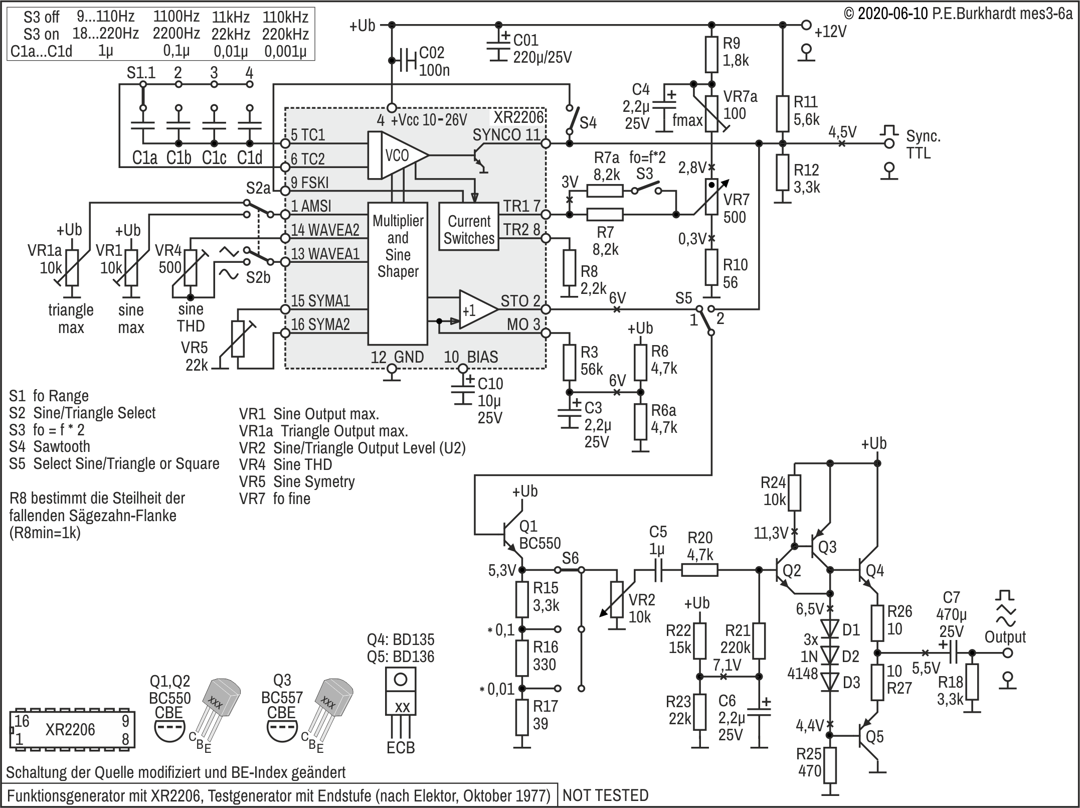 Funktionsgenerator XR2206 nach Elektor 1977, mit Leistungsendstufe