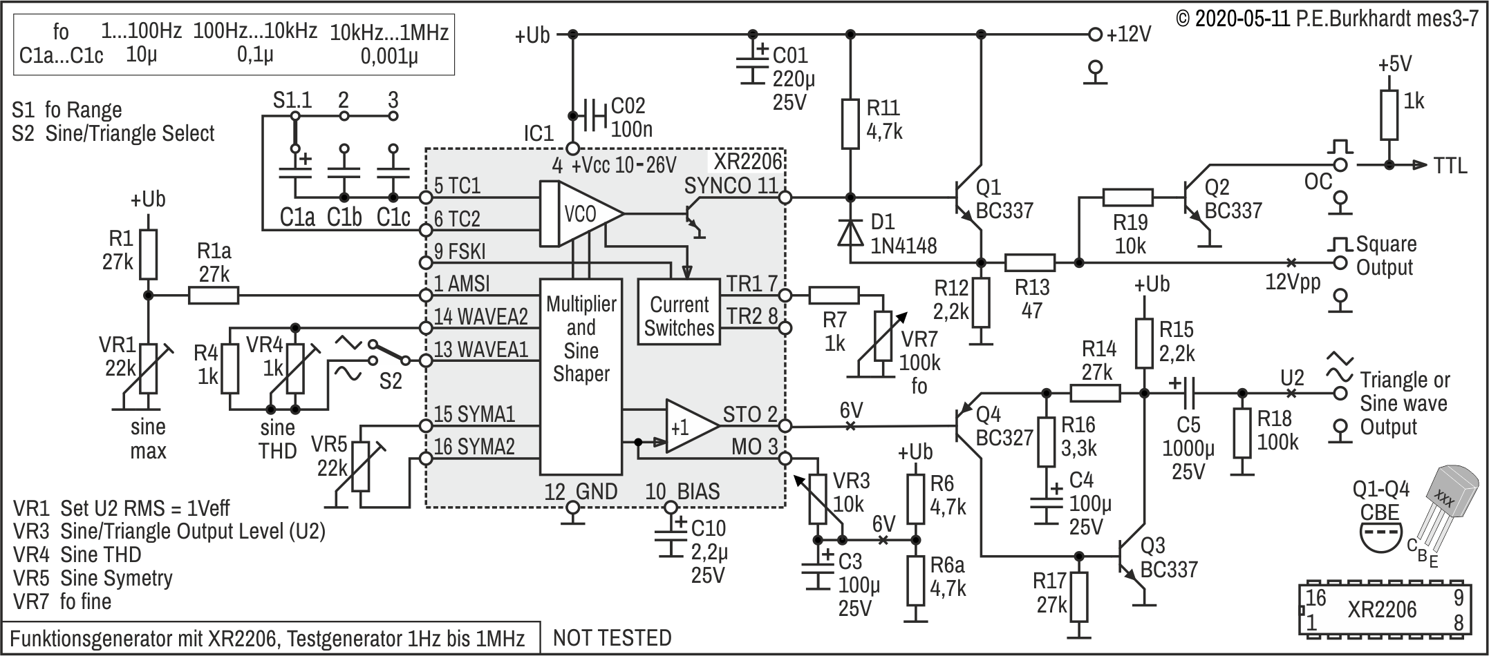 Funktionsgenerator XR2206 (1 Hz bis 1 MHz)